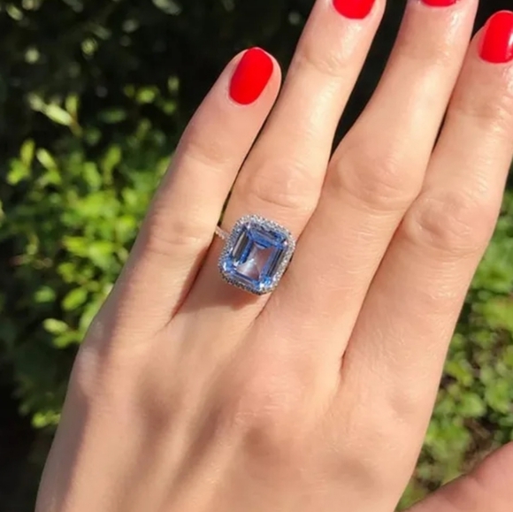New Blue Aquamarine Silver Diamond Halo Ring - Picture 2 of 5